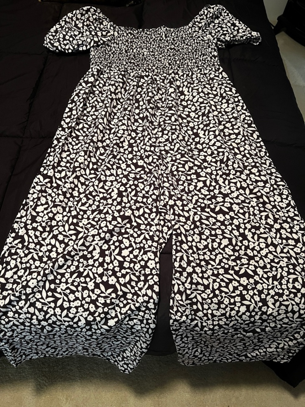 SHEIN Black and White Floral Smocked Wide-Leg Jumpsuit